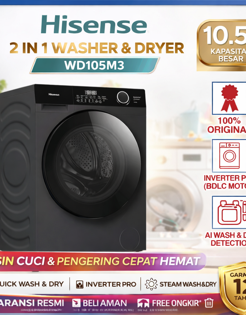 Hisense WD105M3 Mesin Cuci Front Loading + Pengering 10.5 Kg Inverter Pro