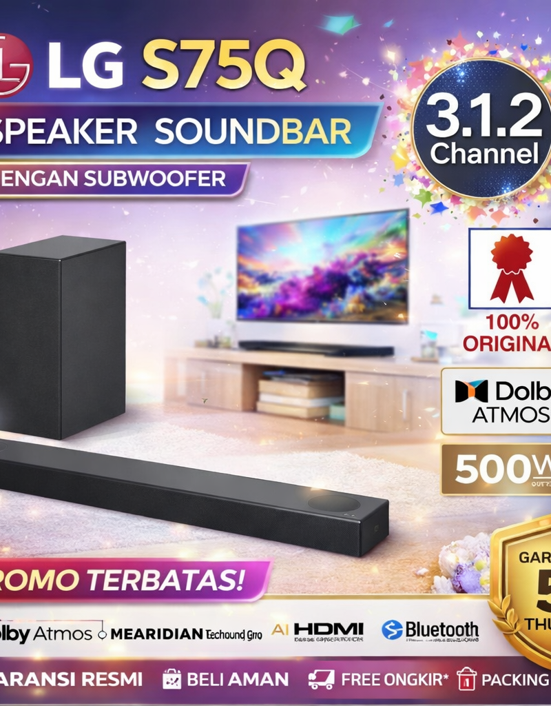LG S75Q Soundbar 3.1.2 Channel Dolby Atmos DTS:X dengan Subwoofer Wireless – Garansi Resmi