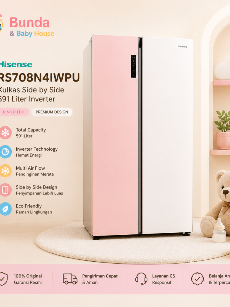 Hisense RS708N4IWPU Kulkas Side by Side 591 Liter Inverter Pink Putih – No Frost, Garansi Resmi, Desain Premium Glass, Hemat Listrik